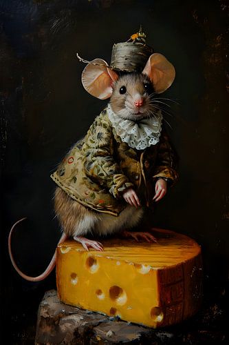 Mouse with Clothing Standing on a Piece of Cheese