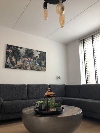 Beautiful botanical image of jungle with ferns and flowers