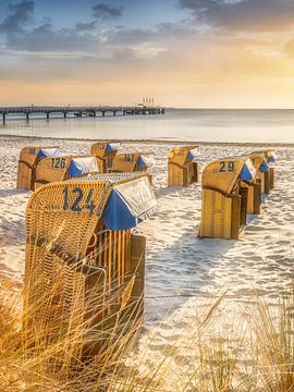 Beach chairs at the sea in the morning light by Voss Fine Art Fotografie