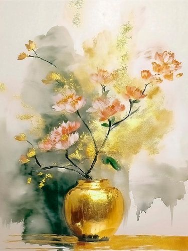 Stillleben, Blütenzweig in Goldvase, Serie: Stillleben in Gold. von Studio Pieternel