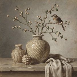 Groentak in balans – landelijk stilleven met vogel en bessentakken van Kleurenrijk