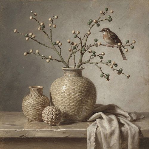 Groentak in balans – landelijk stilleven met vogel en bessentakken