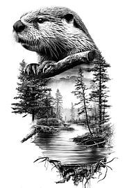 Beaver River Forest Scenic Vintage Line Art by NAIME ATELIER