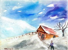 Winterlandschaft mit Hütte im Schnee von Gertrud Premke