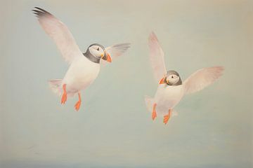 Puffins in flight by Whale & Sons