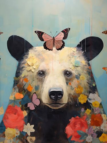 Floral Bear Portrait with Butterfly