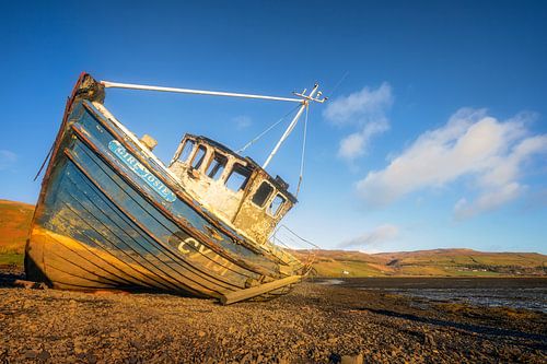 Scotland, old wooden boat in the late afternoon sun