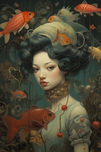Beautiful girl with fish in bizarre style