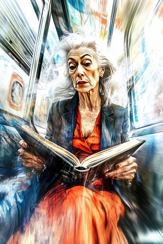 Lezende oudere vrouw in een sneltrein