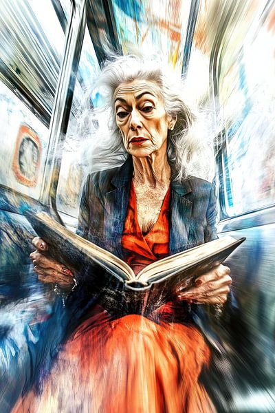 Reading elderly woman on a fast train by Frank Heinz