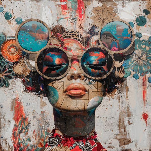 Surrealistisch retrobeeld van een vrouwelijk persoon op een lichte achtergrond grijs van Digitale Schilderijen