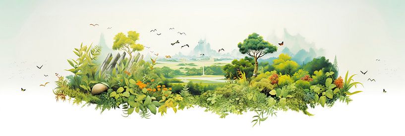Optimistic Green - Minimalist Painting of a Beautiful Mountain World by Surreal Media