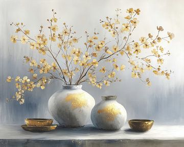 Flower Vase | Golden Blossoms Over Vase