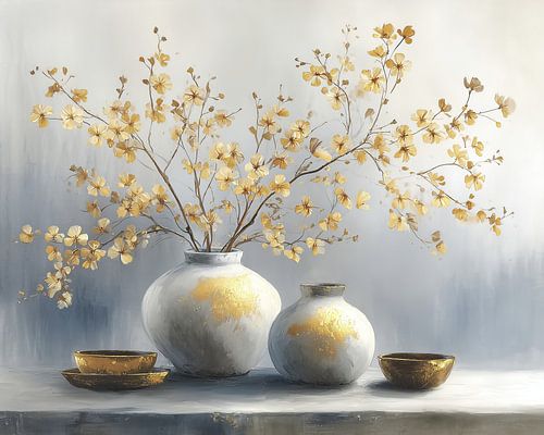 Flower Vase | Golden Blossoms Over Vase by Wonderful Art