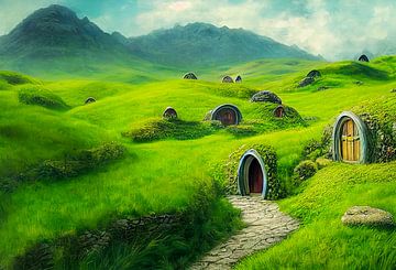 Groene heuvels en Hobbitwoningen in Nieuw-Zeeland Illustratie 01 van Animaflora PicsStock