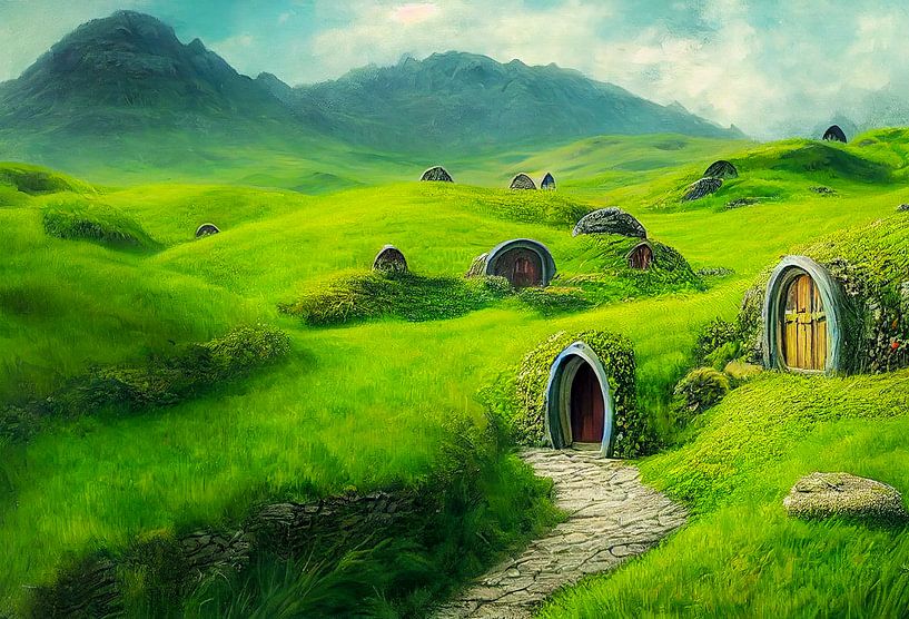Collines verdoyantes et maisons de hobbits de Nouvelle-Zélande Illustration 01 par Animaflora PicsStock