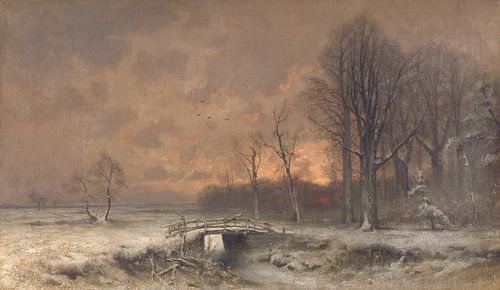 Wintergezicht met ondergaande zon tussen geboomte, Louis Apol