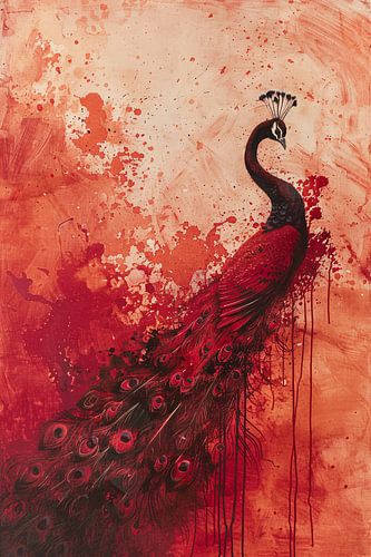 Abstract schilderij van een pauw met verfspatten