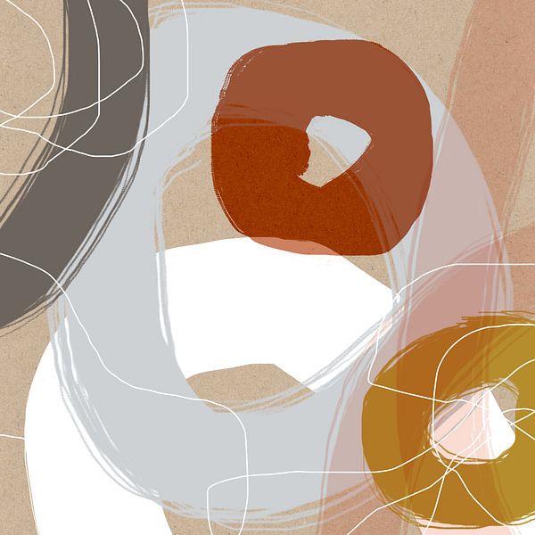Abstract circles in pastel yellow, brown, grey and white on beige by Dina Dankers