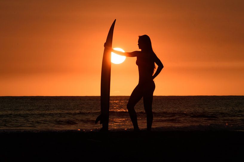 Surfing girl in Hawaii van Jim De Sitter
