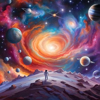 Cosmic Vortex and Astronaut on a Journey Through the Planets – Colourful Sci-Fi Art