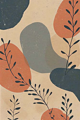 Modern Botanical Abstract Wall Art - Teal Terracotta Organic Forms and Delicate Plant Sprigs Illustration