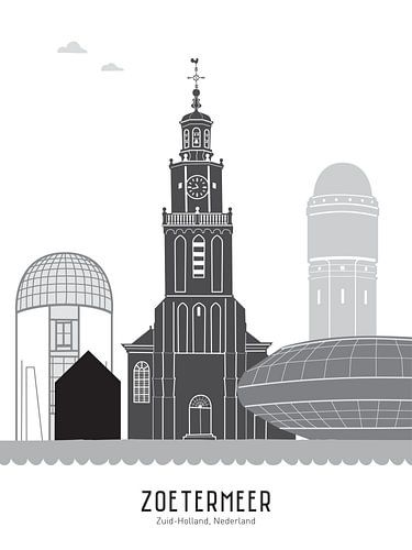 Illustration de la ligne d'horizon de Zoetermeer en noir et blanc-gris sur Mevrouw Emmer