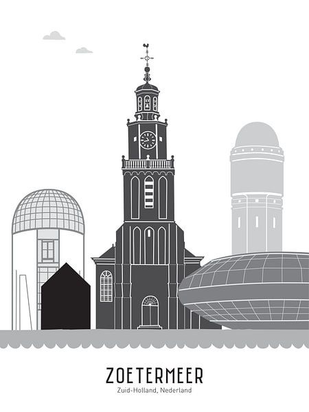 Skyline illustration Zoetermeer in black-and-white-grey by Mevrouw Emmer
