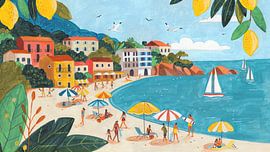 Sonniger Strand an der italienischen Küste mit Zitronenbäumen und Segelbooten 16:9