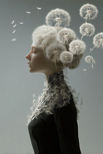 surrelistische vrouw met bloemen paardenbloem