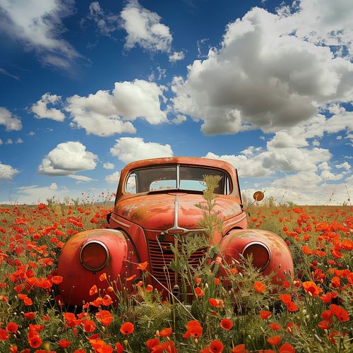 Oude auto in een veld met klaprozen