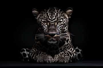 Portrait intense d'un léopard couché sur Karina Brouwer