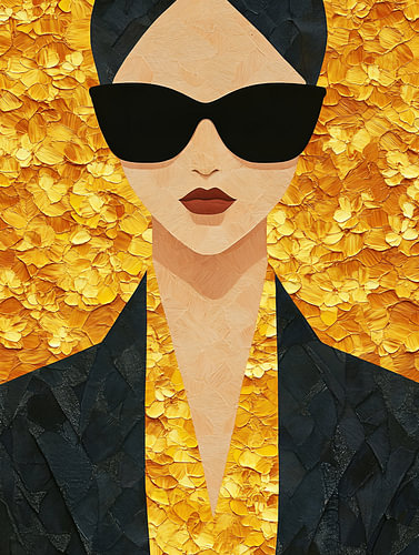 Velvet Blossom – Modern Fine Art Portrait of a Woman Wearing Sunglasses with an Ochre-Yellow Floral Print