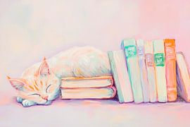Schlafende Katze neben Büchern von Poster Art Shop