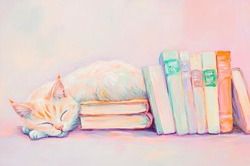 Sleeping cat next to books by Poster Art Shop