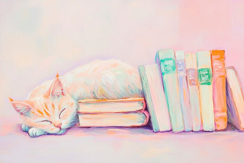 Schlafende Katze neben Büchern von Poster Art Shop