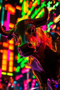 Stier voor kleurrijke achtergrond - neonlichten van Poster Art Shop