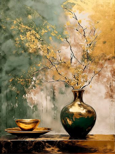 Uniek sfeervol Stilleven. Vaas en kop en schotel in goud