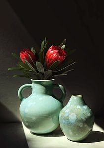 Zartgrüne Vasen mit roter Protea