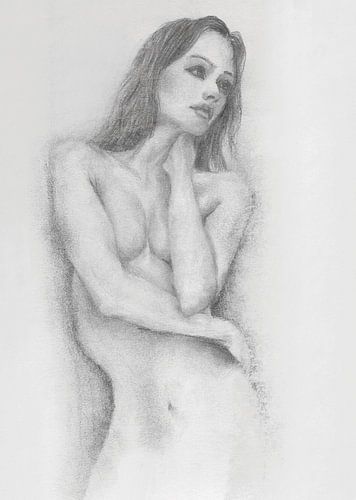 Vrouw denkend naakt, schets, grijswaarden