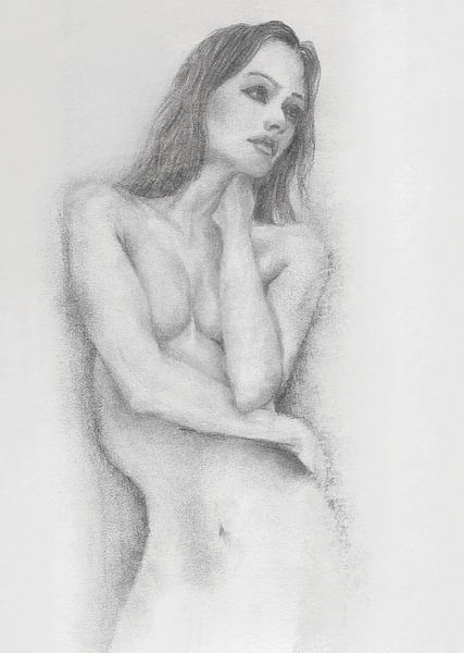 Femme pensant nue, croquis, échelle de gris par Krista Kitsz Art