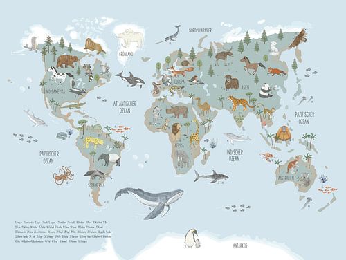 Carte du monde des animaux bleu