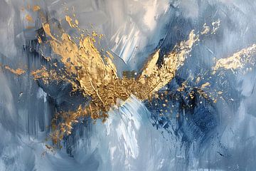 Dynamische abstracte gouden vleugels op blauw van De Muurdecoratie