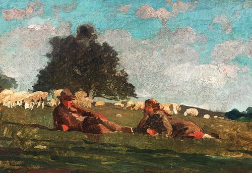Meisje en jongen in veld met schapen door Winslow Homer