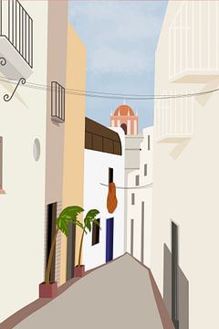 Illustratie van een straatje in Tarifa, een stadje in Andalusië