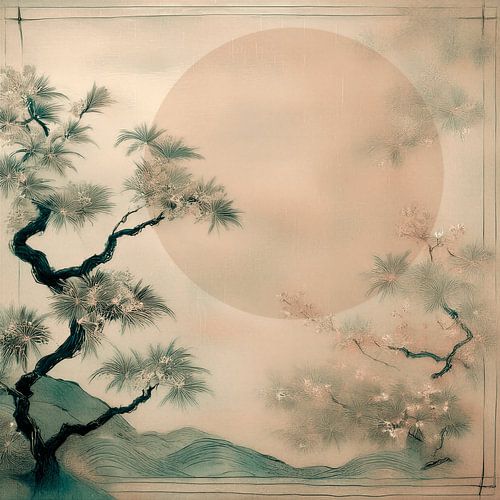Klassischer asiatisch-orientalischer Abend mit großer Sonne und Tanne