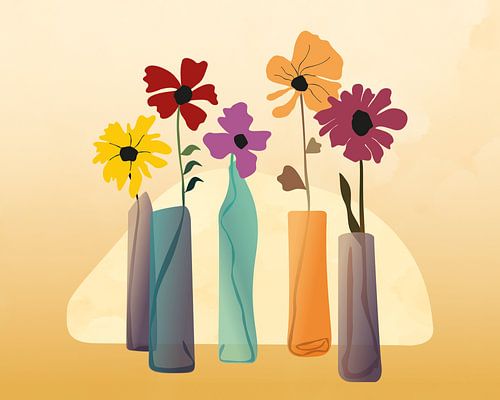 Vijf bloemen minimalistisch stilleven