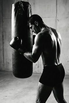 Man with Boxing Gloves Hitting Punching Bag, Black and White