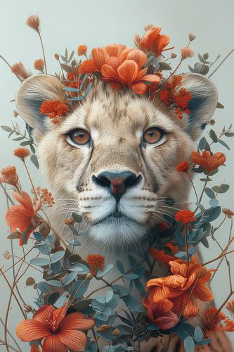 Le roi des fleurs - Lion au milieu des fleurs orange