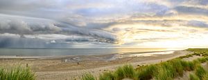 Sonnenaufgang in den Dünen der Insel Texel mit einer nahenden Gewitterwolke